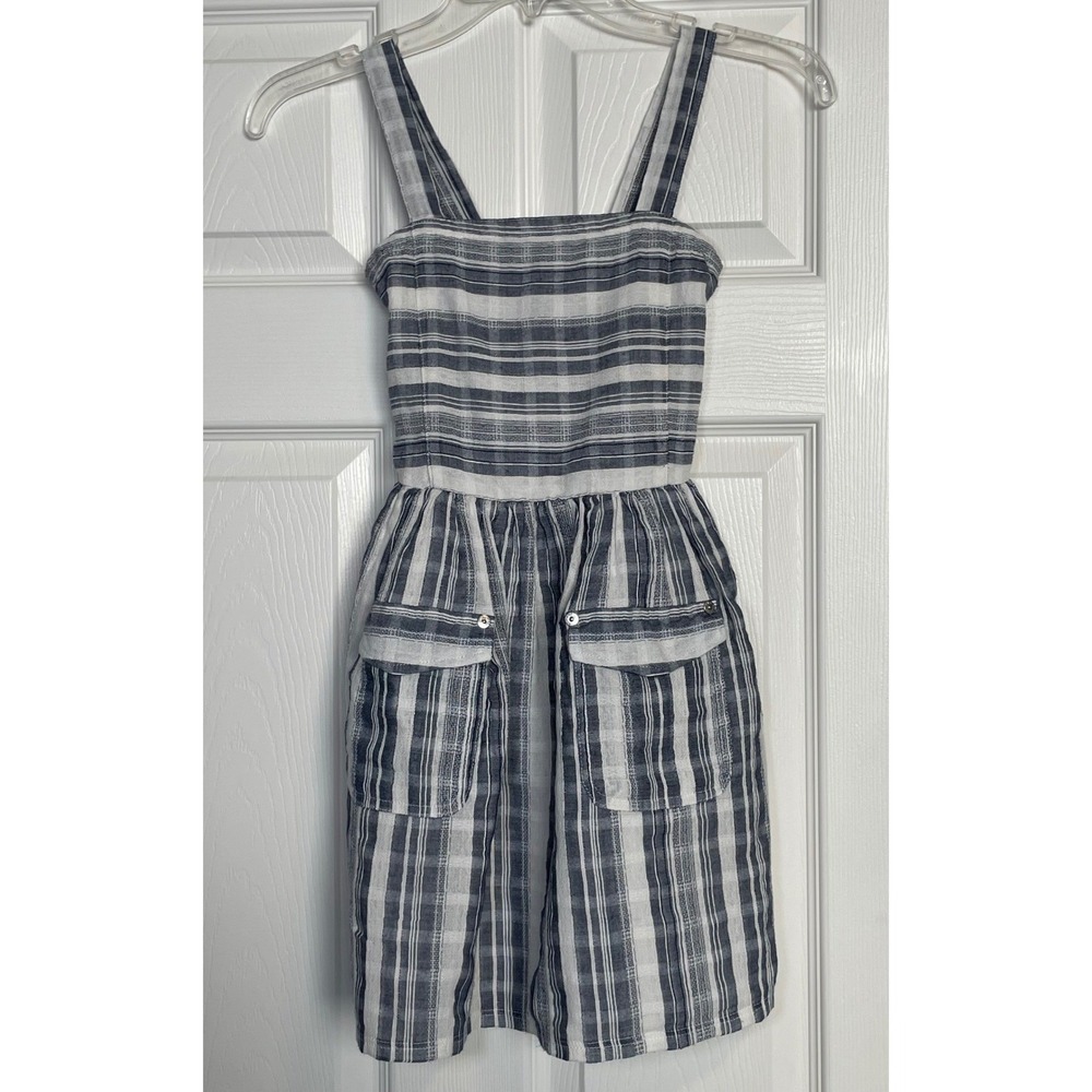 Guess Kids Dress Girls M 10-12 Gray White Plaid Smocked Cargo Sundress